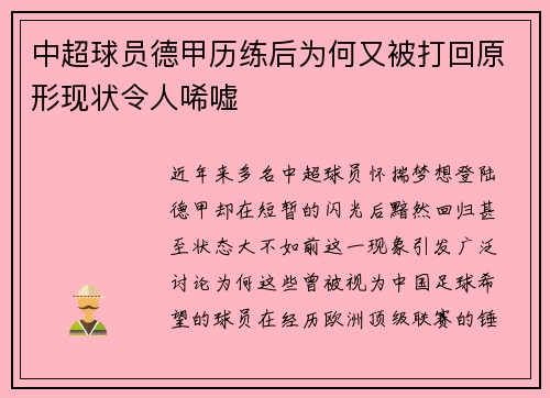 中超球员德甲历练后为何又被打回原形现状令人唏嘘