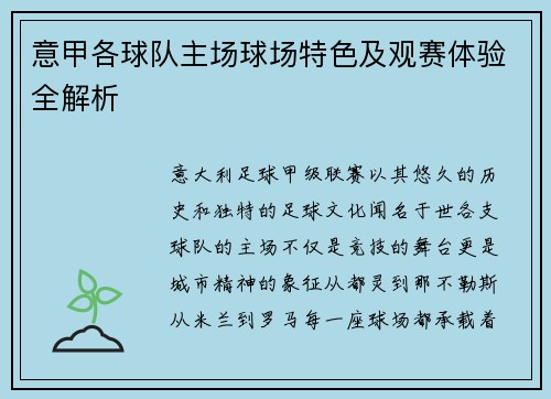 意甲各球队主场球场特色及观赛体验全解析